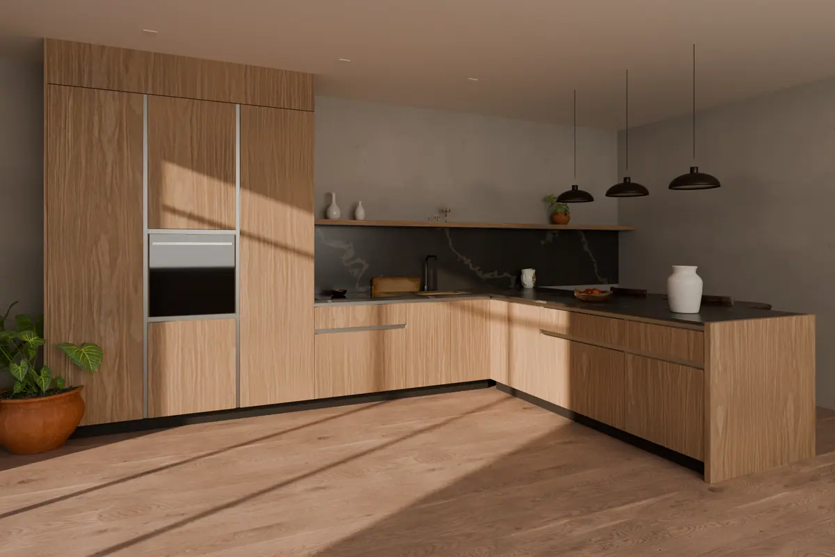 Render 3D de Kavela: Cuina en L amb península, columnes fins al sostre i fronts amb gola. Roure Casella clar