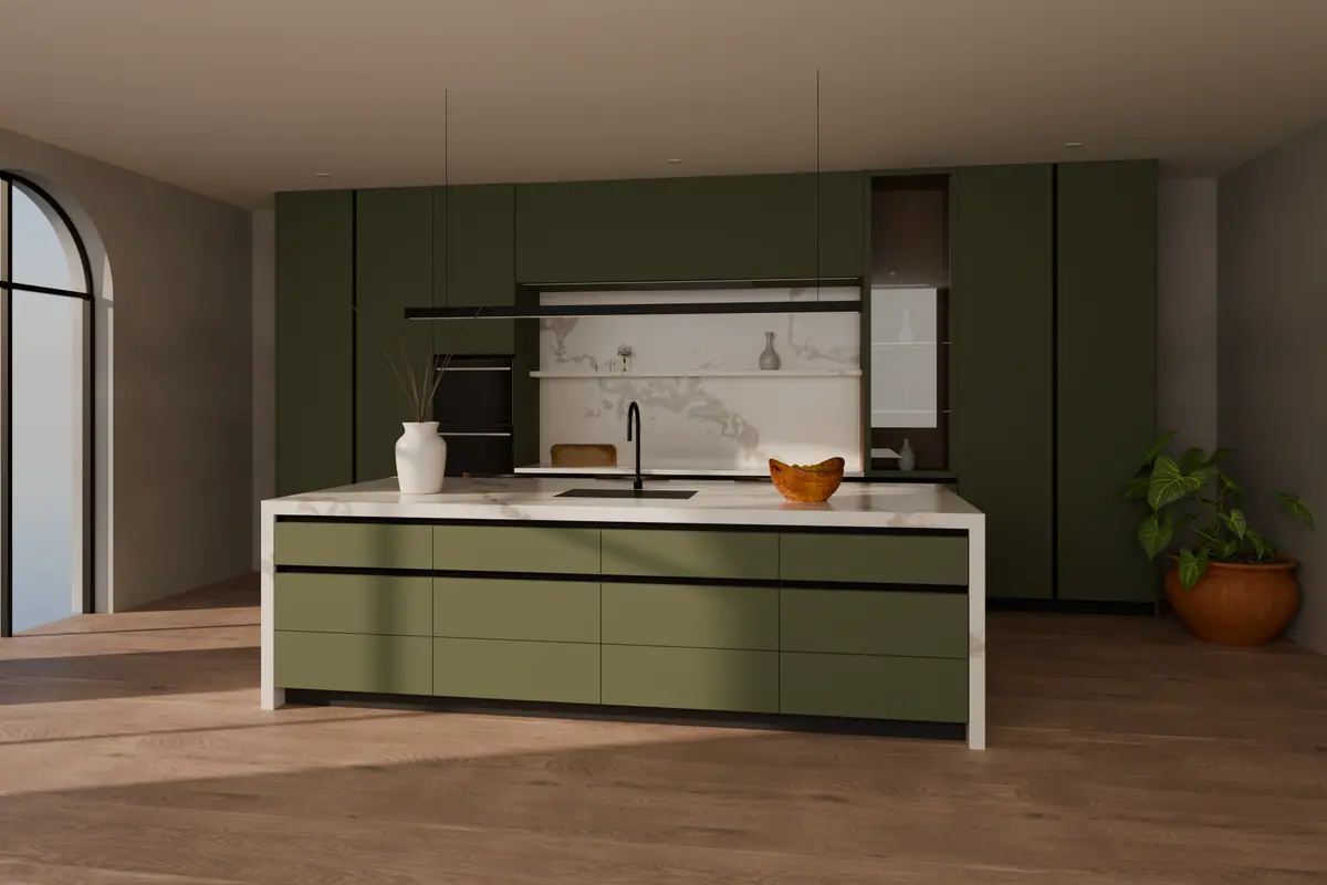 Render 3D de Kavela: Cuina amb illa de marbre en cascada, paret de columnes fins al sostre, fornícula i vitrina. Verd Finca